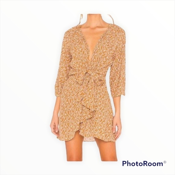 NWT FREE PEOPLE Brown Microfloral Wrap Mini Dress Size XS - Picture 2 of 10